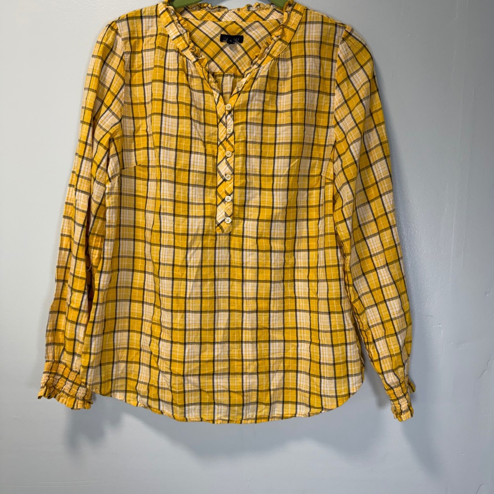 Talbots Yellow Plaid Cotton Ruffle Neck Blouse Smocked‎ Cuff Henley Top Womens M